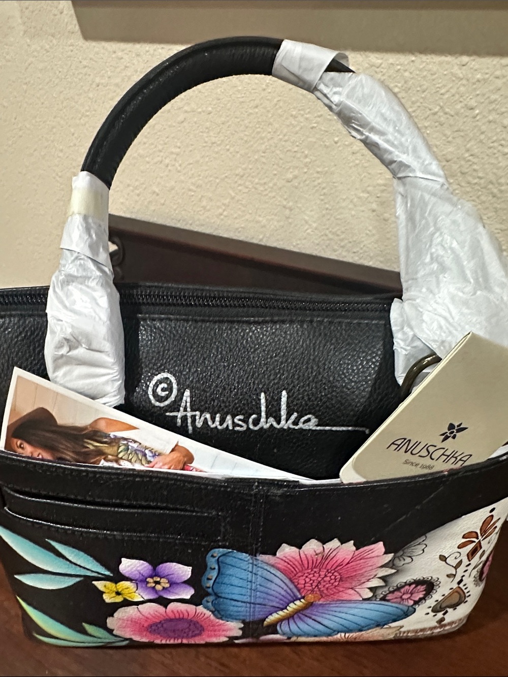 Anuschka Black Hand-Painted Leather Tote with Colorful Butterfly & Floral Design - Picture 4 of 7